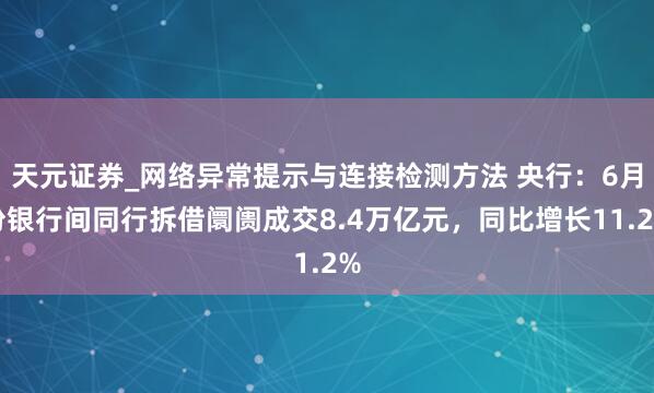 天元证券_网络异常提示与连接检测方法 央行：6月份银行间同行拆借阛阓成交8.4万亿元，同比增长11.2%